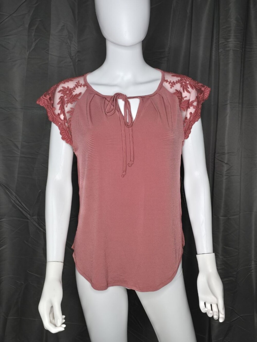 Sweet Rain Dusty Rose Lace Cap-Sleeve Tie-Front Blouse